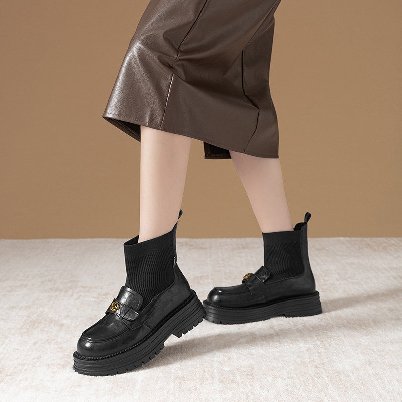 英伦风厚底弹力袜靴女黑色乐福鞋短靴增高瘦瘦靴百搭圆头长筒靴,淘宝优惠券,粉丝福利购,淘宝优惠卷