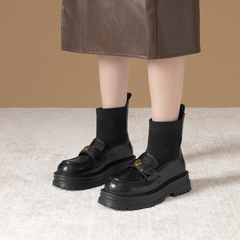 英伦风厚底弹力袜靴女黑色乐福鞋短靴增高瘦瘦靴百搭圆头长筒靴,淘宝优惠券,粉丝福利购,淘宝优惠卷