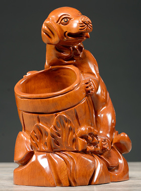 花梨木雕小狗笔筒摆件红木