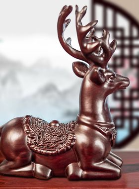 黑檀木雕刻梅花鹿摆件实双鹿