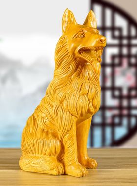 绿色实木雕狗摆件大号根狼