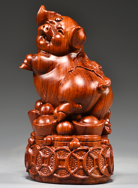 猪花梨木雕福猪摆件十二生肖