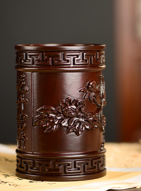 笔筒黑檀木雕花开富贵笔筒工艺品