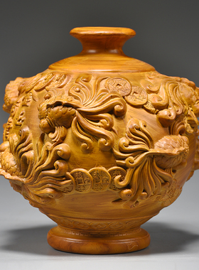 香樟木花瓶摆件实木雕刻客厅装饰