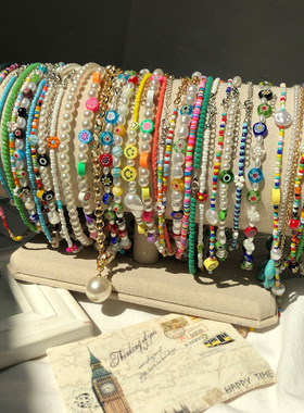 韩国ins风水晶串珠项链女小众设计感百搭珍珠个性彩色米珠锁骨链