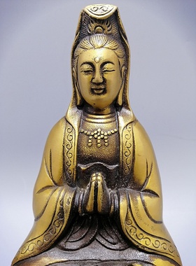 古玩铜器收藏观音摆件  黄铜坐莲观音铜摆件家居佛堂供奉摆设