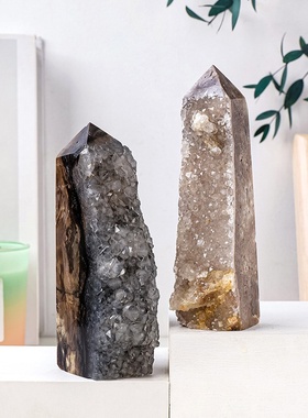 天然白水晶簇四面柱摆件原石矿标打磨水晶塔家居装饰能量石摆件