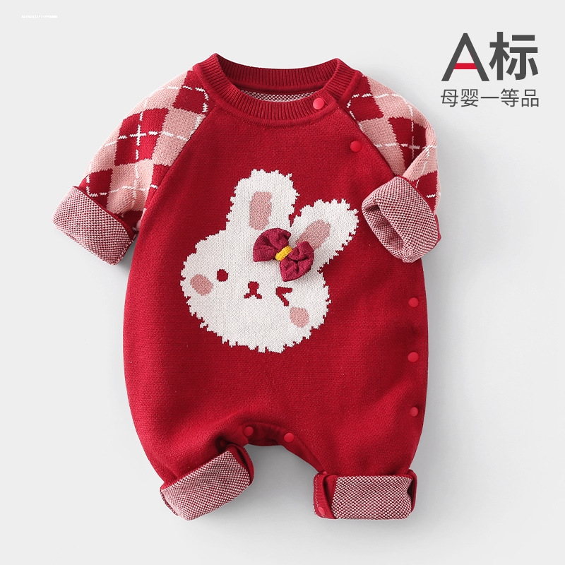 中式女宝宝秋装连体红色婴儿衣服公主超萌满月百天周岁礼服秋冬季