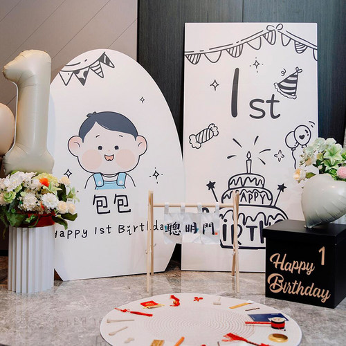 ins风宝宝一周岁礼生日布置装饰场景氛围简约手绘气球背景墙kt板 - 图2