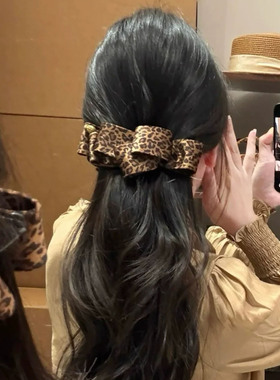 豹纹金标蝴蝶结发夹女