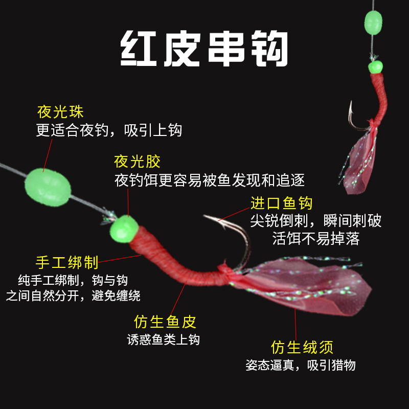 嘴翘白条鱼皮仿生串钩钓组红皮亮皮鱼钩抛竿路亚假饵金丸世虾皮钩 - 图1