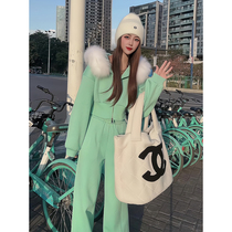 2023 autumn winter temperament casual fashion sports suit with cap cardiovert warm and thickened sweatshirt two sets of womens clothing