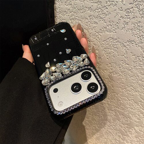 黑色格子鳄鱼纹适用苹果17promax手机壳华为pura80荣耀x70i小米17promax水钻vivos50奢华opporeno15闪钻立体p - 图1