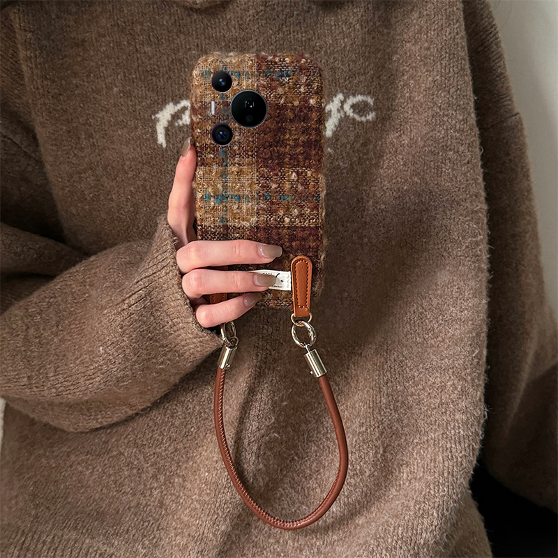 绒布拼接格子适用华为pura80pro+手机壳pura70ultra立体p60art趴趴p40por+十p30手提绳p20毛绒p10plus秋冬季p - 图1