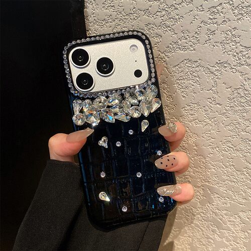 黑色格子鳄鱼纹适用苹果17promax手机壳华为pura80荣耀x70i小米17promax水钻vivos50奢华opporeno15闪钻立体p - 图0
