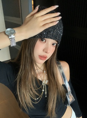 赵露思同款~自制蝴蝶结亮片针织冷帽女y2k辣妹风显脸小包头堆堆帽