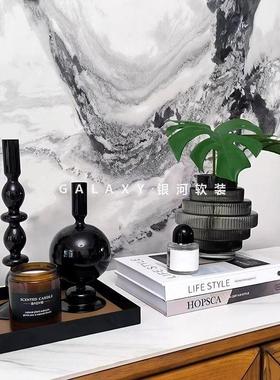 现代简约黑色玻璃烛台摆件样板间家居茶几托 托盘花瓶艺术软装饰