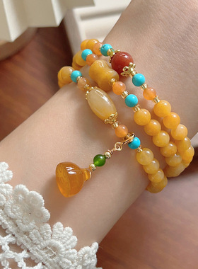 天然金丝玉三圈手串女复古中国风手饰莲蓬平安扣吊弹力串珠手链