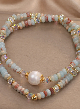 天然彩色寿山石珍珠串珠手链女国风轻奢小众精致双圈叠戴水晶手串