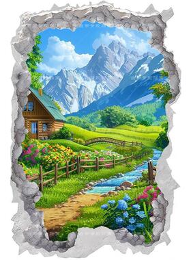 3D破墙风山间小屋风景墙贴画划痕遮挡贴纸卧室客厅冰箱门贴花