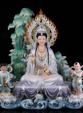 观音菩萨佛像汉白玉南海观世音菩萨坐像金童玉女佛像家用供奉摆件