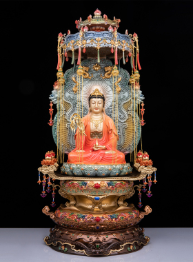 娑婆三圣铜像珐琅彩台湾带华盖观世音地藏王释迦牟尼佛供奉摆件