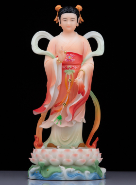 金童玉女佛像家用摆件汉白玉