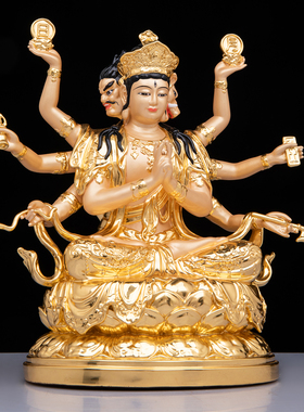 斗姆神像铜雕贴金斗姥斗姆元君佛像北斗众星之母黄铜古彩供奉摆件
