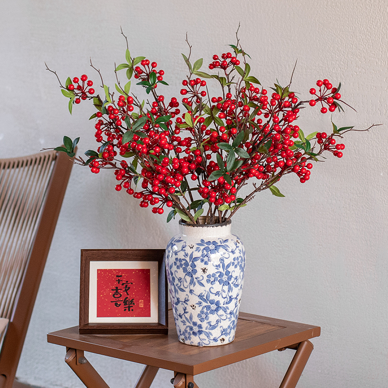 带叶红果发财果仿真花摆件冬青浆果树枝客厅假花摆设干花 - 图1
