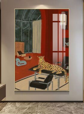 中古风金钱豹装饰画客厅美式高级感骏马挂画玄关走廊复古艺术壁画