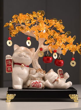 新中式高档招财猫发财树摆件开业门店办公室餐厅装饰摆件朋友礼物