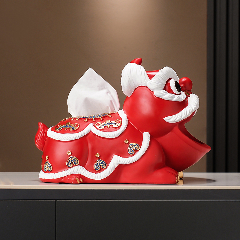 新中式国潮舞狮抽纸盒工艺摆件 新房装修客厅结婚喜庆搭配装饰品