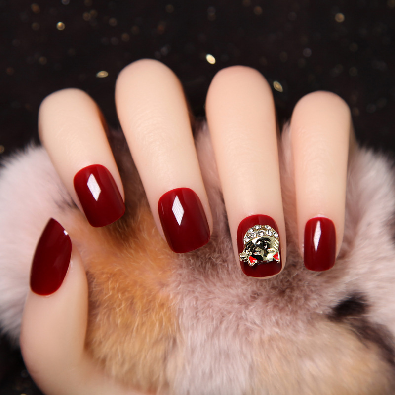 2021富贵镶钻招财猫新年款假指甲成品酒红短款甲片美甲贴片穿戴甲