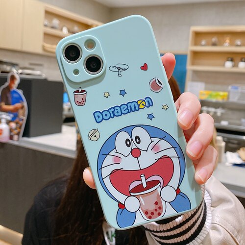 卡通喝奶茶哆啦A梦适用苹果15手机壳iphone12mini直边xsmax外壳16保护套13promax全包镜头7女6s/8plus可爱se2 - 图0