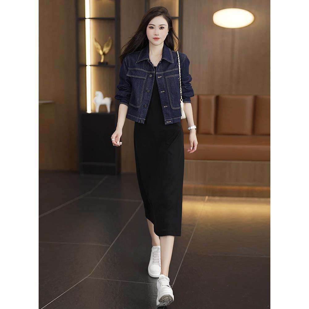 ROUMIKL时尚套装裙女2025秋季新款洋气减龄覆古牛仔外套+背心裙两 - 图0