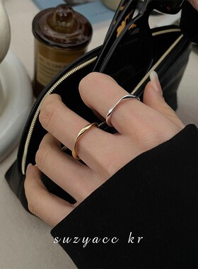 S925小众波浪细圈戒指女情侣素圈食指戒时尚个性简约几何扭曲指环