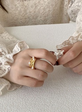 甜酷多层线条缠绕珍珠戒指女优雅时尚个性气质S925镀银开口食指环