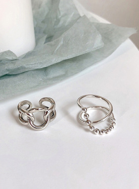 欧美时尚圆珠戒指女复古线条925银食指环韩国地摊朋克潮流饰品