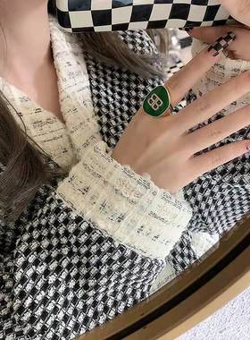 925欧美ins风字母法式复古金色时尚指环个性夸张绿色食指开口戒指