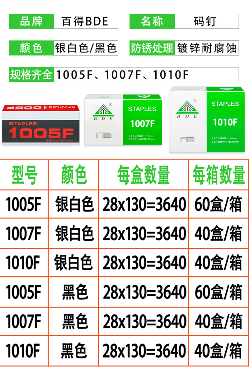 BDE百得细码钉1005F 1007F 1010F气动枪钉坐垫桌球桌钉黑色门型钉 - 图0