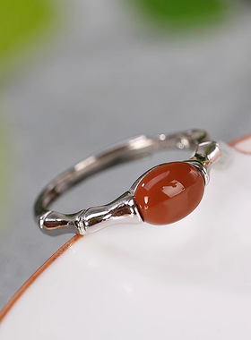 镶嵌南红玛瑙女士戒指复古个性竹