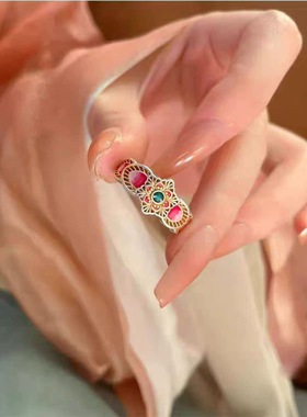 国潮时尚珐琅彩宝相花戒指新中式