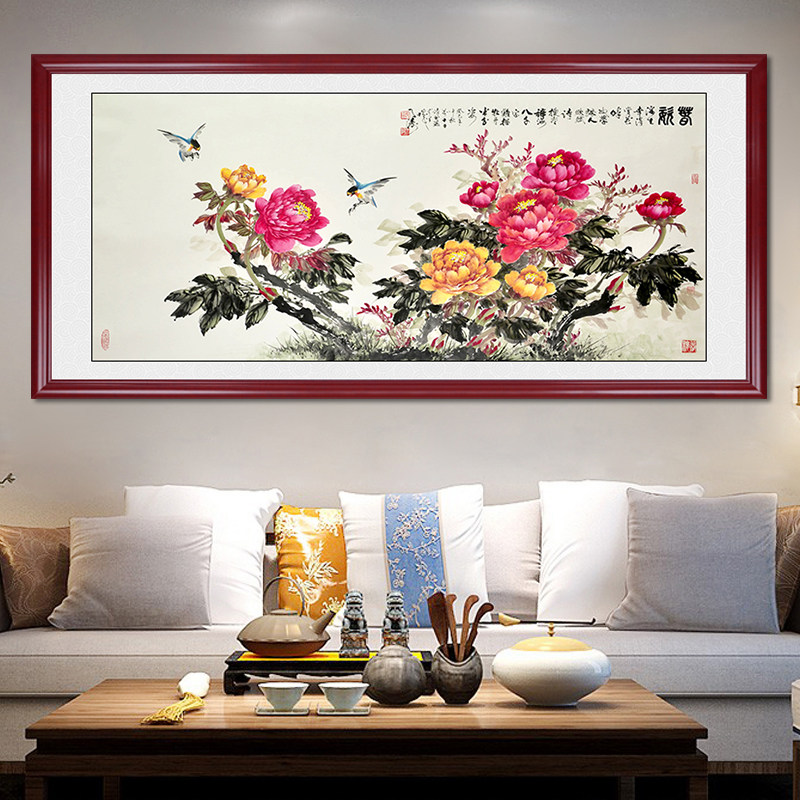 花开富贵客厅装饰画新中式沙发背景墙壁画牡丹花挂画中堂国画大气_虎窝淘