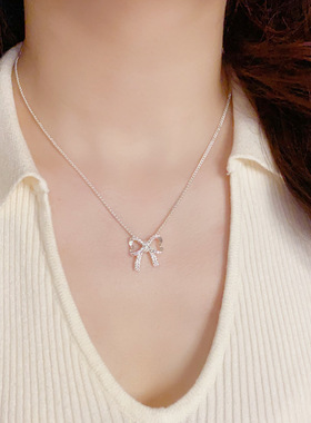 「YU心」轻奢简约气质时尚百搭满钻厚银蝴蝶结项链
