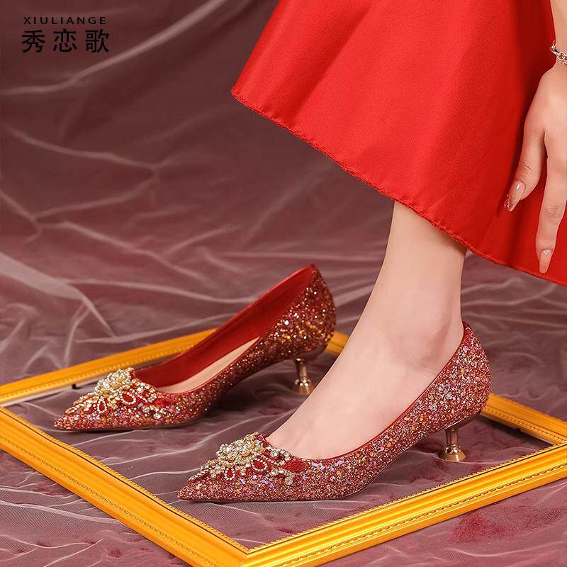 红色婚鞋新娘鞋秀禾婚纱两穿2025年新款细跟法式3cm低跟高跟鞋女,淘宝优惠券,粉丝福利购,淘宝优惠卷