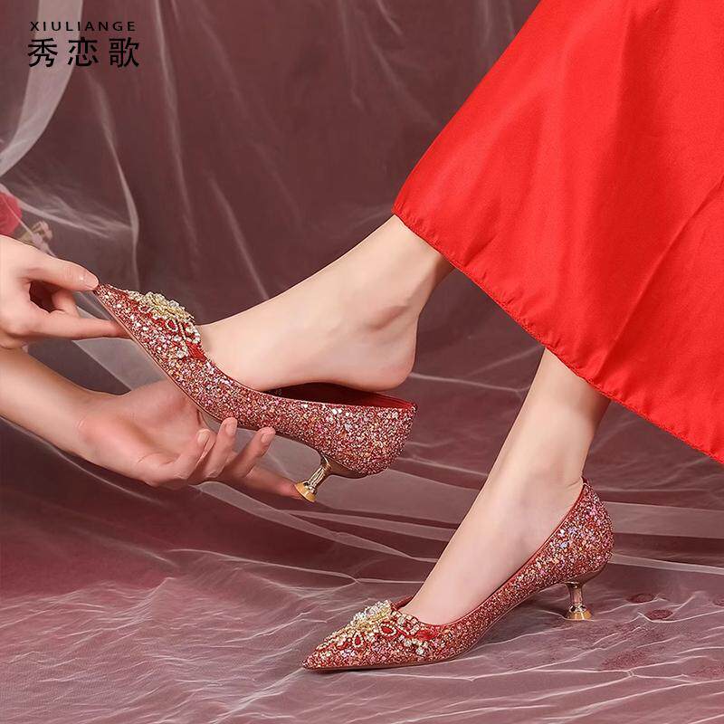 红色婚鞋新娘鞋秀禾婚纱两穿2025年新款细跟法式3cm低跟高跟鞋女,淘宝优惠券,粉丝福利购,淘宝优惠卷