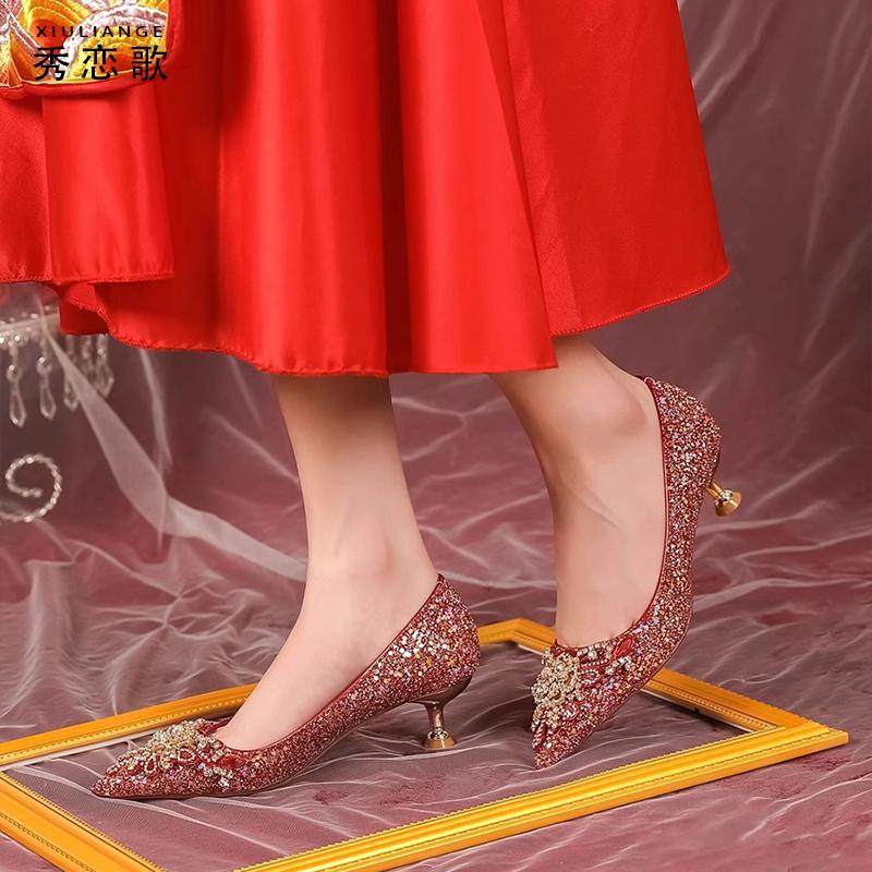 红色婚鞋新娘鞋秀禾婚纱两穿2025年新款细跟法式3cm低跟高跟鞋女,淘宝优惠券,粉丝福利购,淘宝优惠卷
