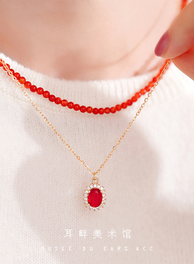B红色氛围感水晶锆石细项链女