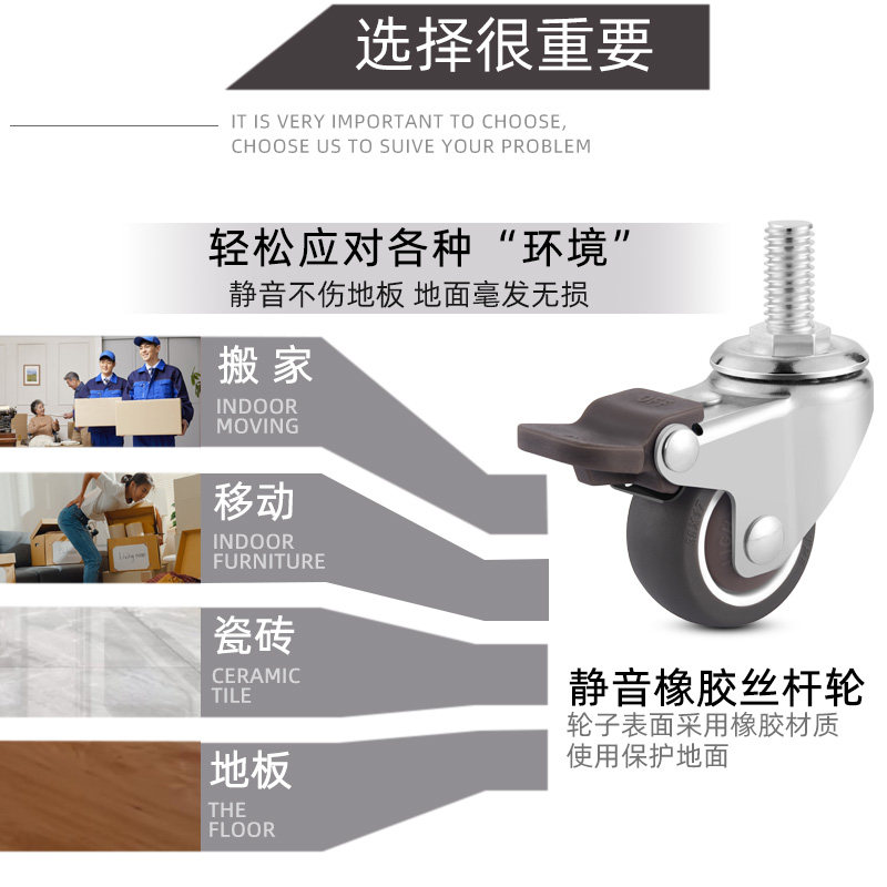 1寸1.25寸1.5寸2寸脚轮丝杆万向轮软橡胶静音轮置物架小推车轮子 - 图2
