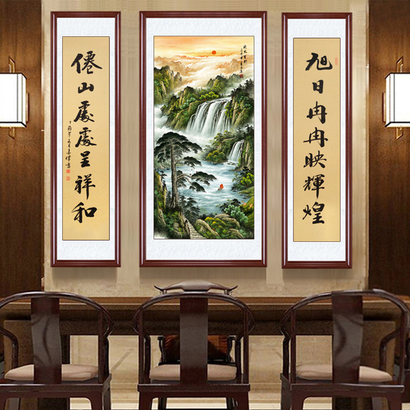 中堂画农村堂屋客厅挂画大气山水装饰画新中式新款对联新居迎客松_虎窝淘